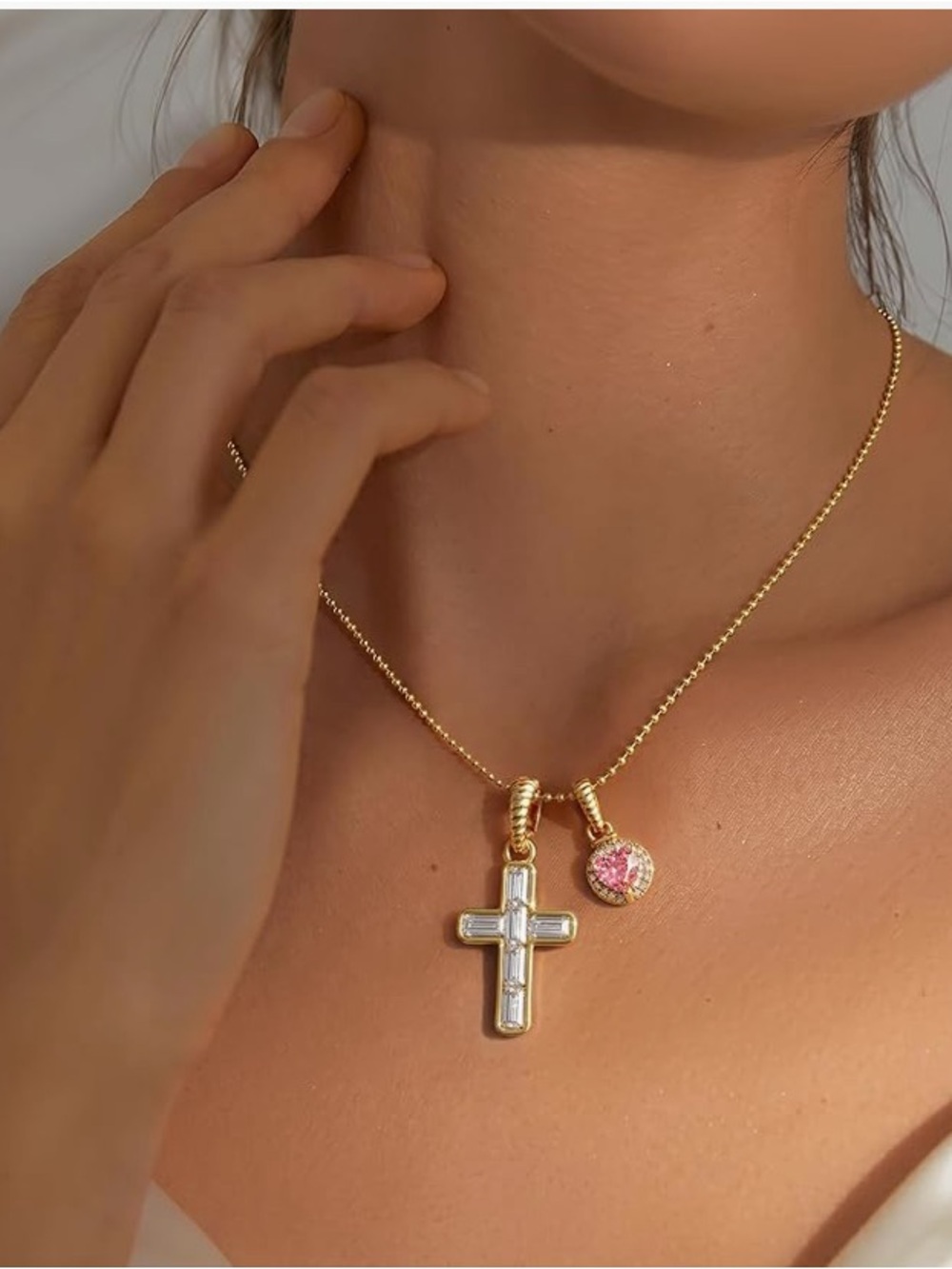 14K Gold Plated Cross Necklace with Pink Gem Accent - New in box